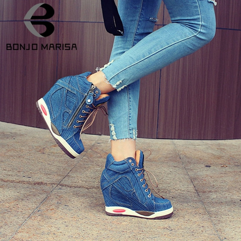 BONJOMARISA New Autumn Elegant Height Increasing Denim Booties Women 2019