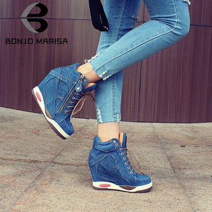 BONJOMARISA New Autumn Elegant Height Increasing Denim Booties Women 2019