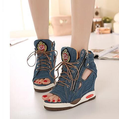BONJOMARISA New Autumn Elegant Height Increasing Denim Booties Women 2019