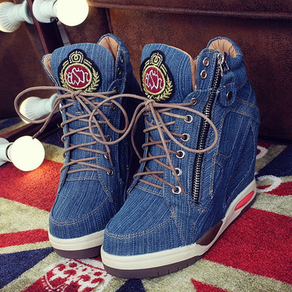 BONJOMARISA New Autumn Elegant Height Increasing Denim Booties Women 2019