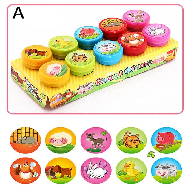 10pcs/Set Children Toy Stamps Cartoon Animals Fruits Traffic Smile Kids Seal