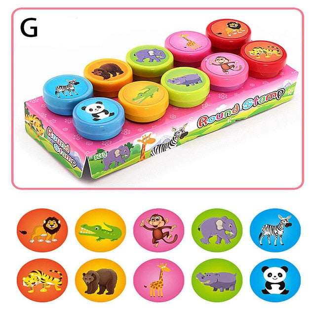 10pcs/Set Children Toy Stamps Cartoon Animals Fruits Traffic Smile Kids Seal