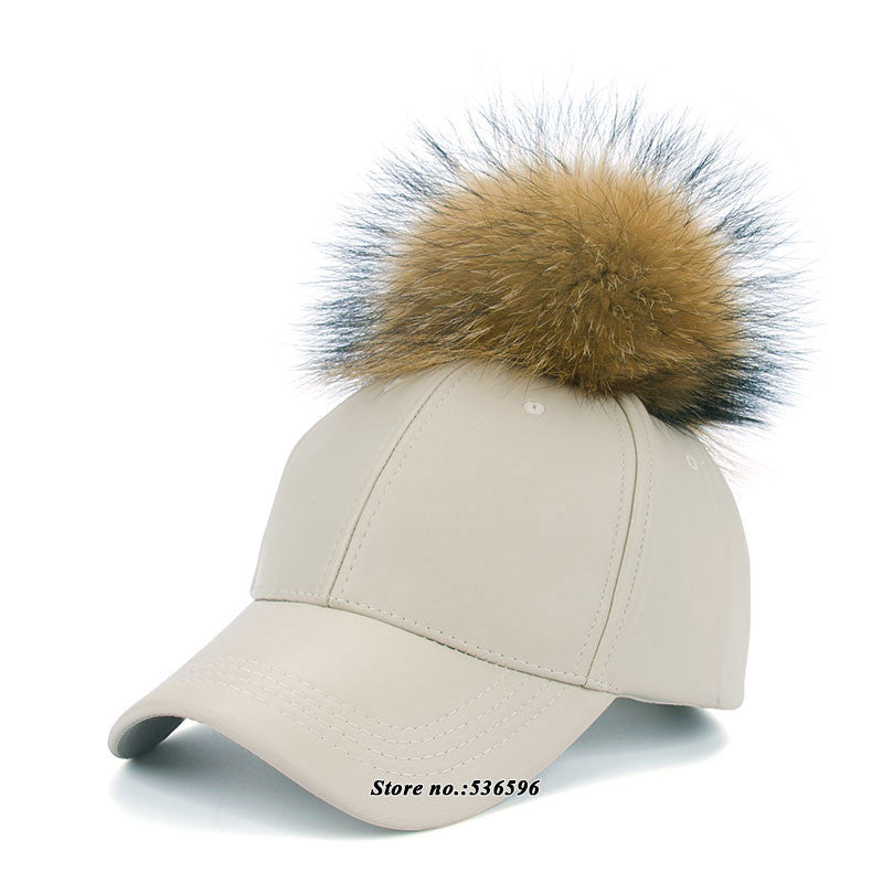 2016 New real fur pom pom cap for women Spring candy color PU baseball cap with real - Shopy Max