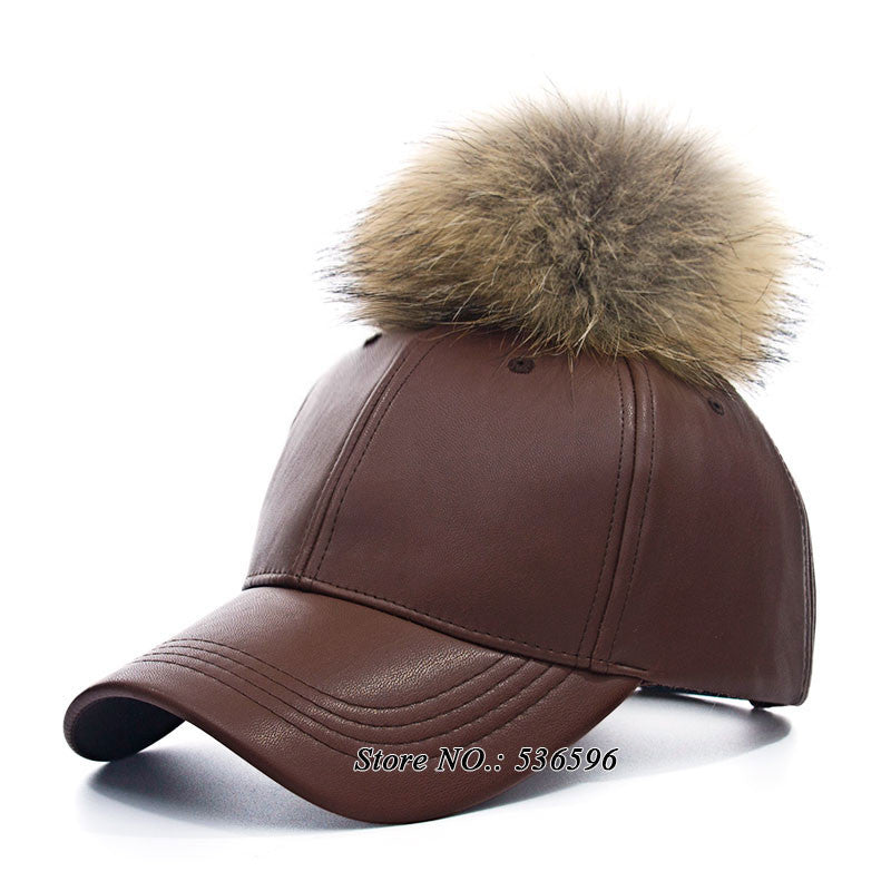 2016 New real fur pom pom cap for women Spring candy color PU baseball cap with real - Shopy Max