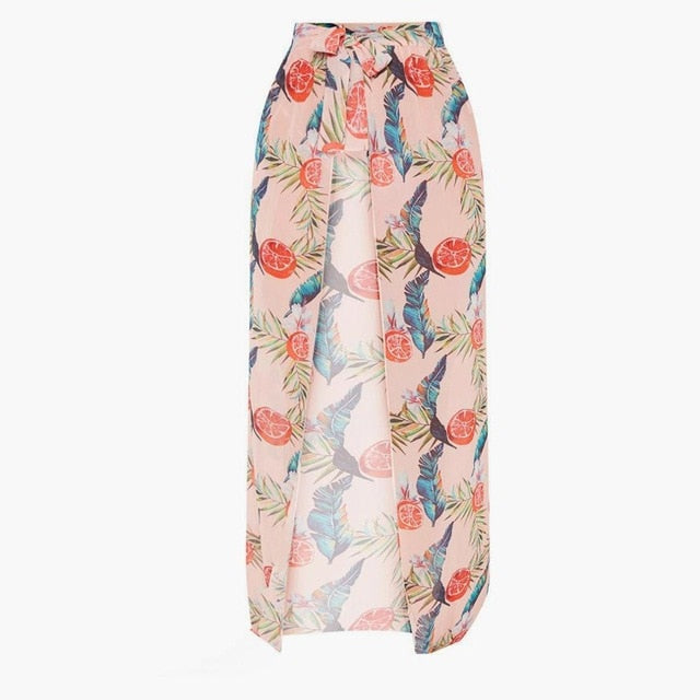 2019 New Bikini Beach Skirt Tunics for Beach Long Leaves Print Bikini Cover up