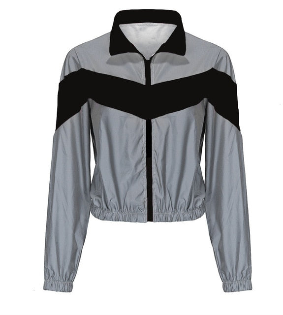 Women Tracksuits 2 Piece Set Reflective Zip Crop Top Pants Windbreaker Fashion