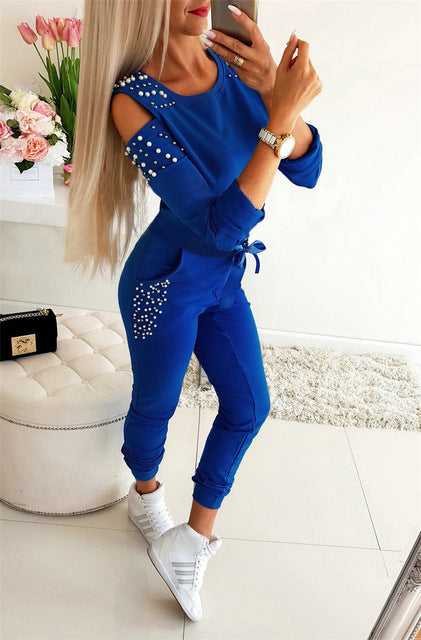 Women Casual 2 Piece Outfits Patchwork Hollow Out Design Beading Decor O-Neck Long