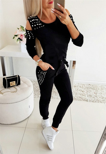 Women Casual 2 Piece Outfits Patchwork Hollow Out Design Beading Decor O-Neck Long