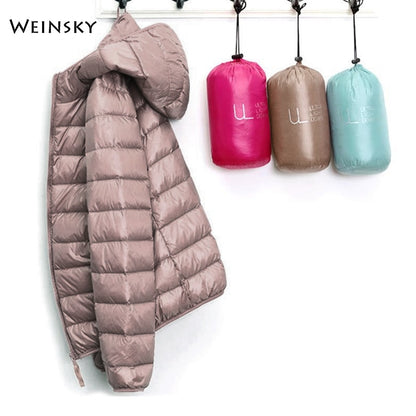 Winter Women Ultralight Thin Down Jacket White Duck Down Hooded Jackets Long Sleeve Warm