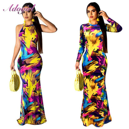 Elegant Women Boho Floral Print Halter Autumn banquet Long Dress Sexy