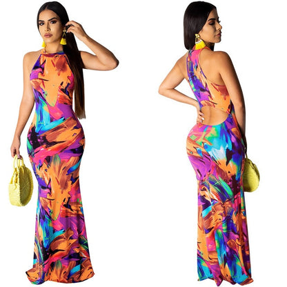 Elegant Women Boho Floral Print Halter Autumn banquet Long Dress Sexy