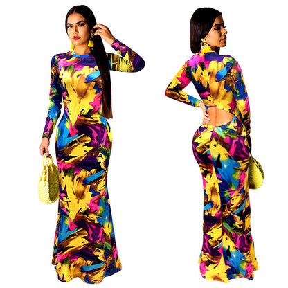 Elegant Women Boho Floral Print Halter Autumn banquet Long Dress Sexy