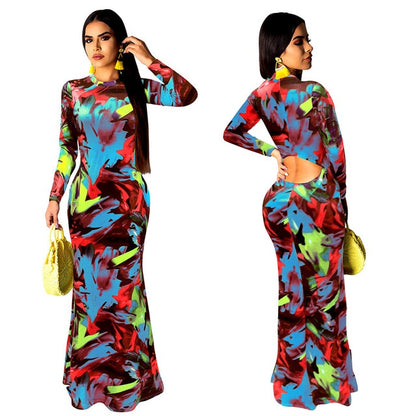 Elegant Women Boho Floral Print Halter Autumn banquet Long Dress Sexy