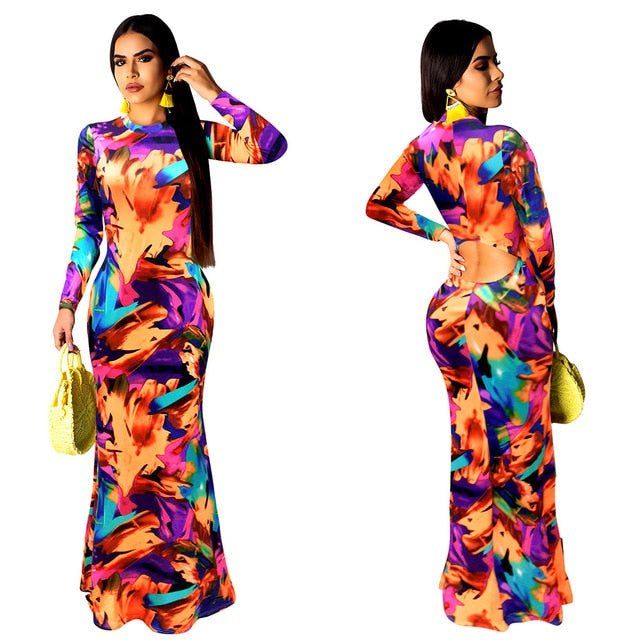 Elegant Women Boho Floral Print Halter Autumn banquet Long Dress Sexy