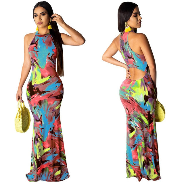 Elegant Women Boho Floral Print Halter Autumn banquet Long Dress Sexy