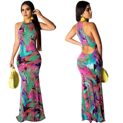 Elegant Women Boho Floral Print Halter Autumn banquet Long Dress Sexy