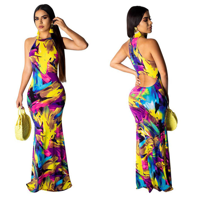 Elegant Women Boho Floral Print Halter Autumn banquet Long Dress Sexy