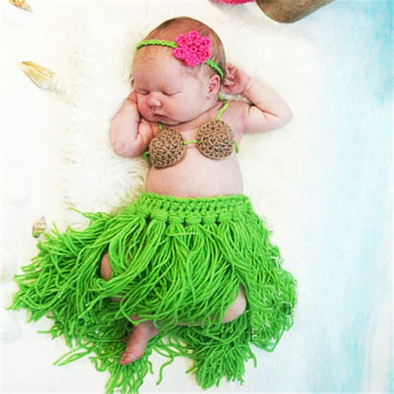 Retail Newborn Baby Beach Hula Grass Skirt Crochet Knit Flower Headband bra - Shopy Max