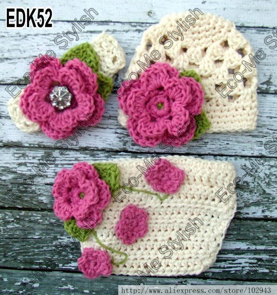 3Sets girl flower hat ,headband and shorts crochet newborn baby hat baby girl