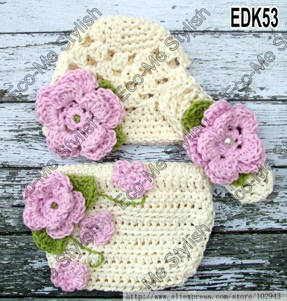 3Sets girl flower hat ,headband and shorts crochet newborn baby hat baby girl