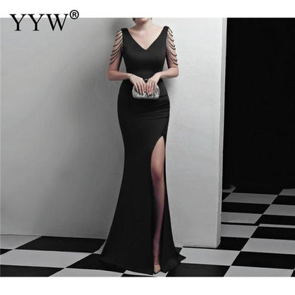 Crystal Beading V Neck Sleeveless Elegant Evening Dresses Women High Slit Formal