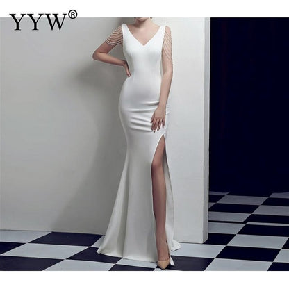 Crystal Beading V Neck Sleeveless Elegant Evening Dresses Women High Slit Formal