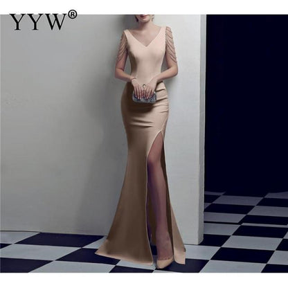 Crystal Beading V Neck Sleeveless Elegant Evening Dresses Women High Slit Formal