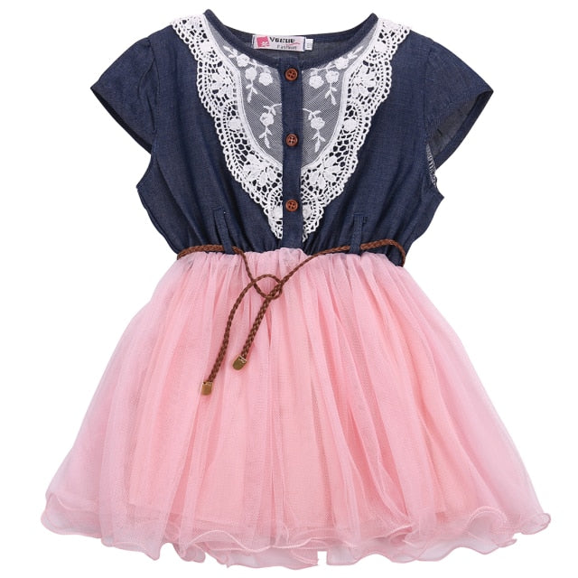Princess Girls Baby Kids Lace Belt Denim Tulle Stitching Dresses Age 1-6Y
