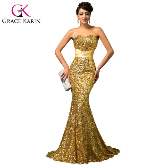 High Quality H4409 GK Gold Sequins Strapless Mermaid Elegant Evening
