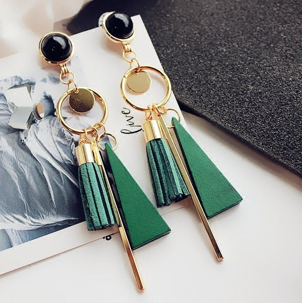 2020 Korean Long Statement Geometric Triangle Tassel Dangle Drop Earrings