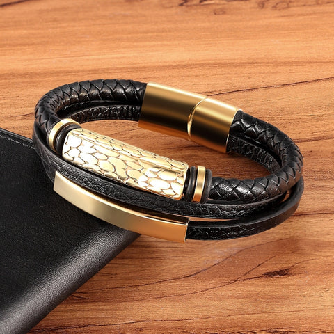 Geometric Pattern Multi-layer Accessories Black Men's Leather Bracelet Luxury Jewelry Valentine's Day Gift Free Shipping