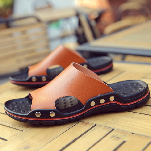 Genuine Cow Leather Slippers Couple Outdoor Non-slip Men Women