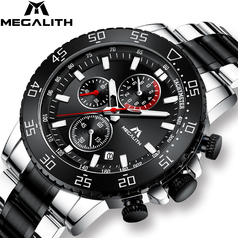 MEGALITH Military Watches Men Stainless Steel Band Waterproof Quartz Wristwatch Chronograph Clock