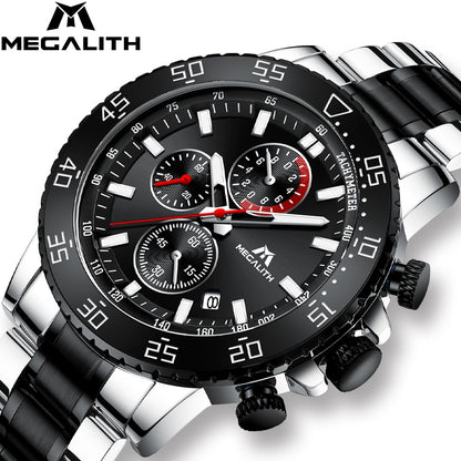 MEGALITH Military Watches Men Stainless Steel Band Waterproof Quartz Wristwatch Chronograph Clock