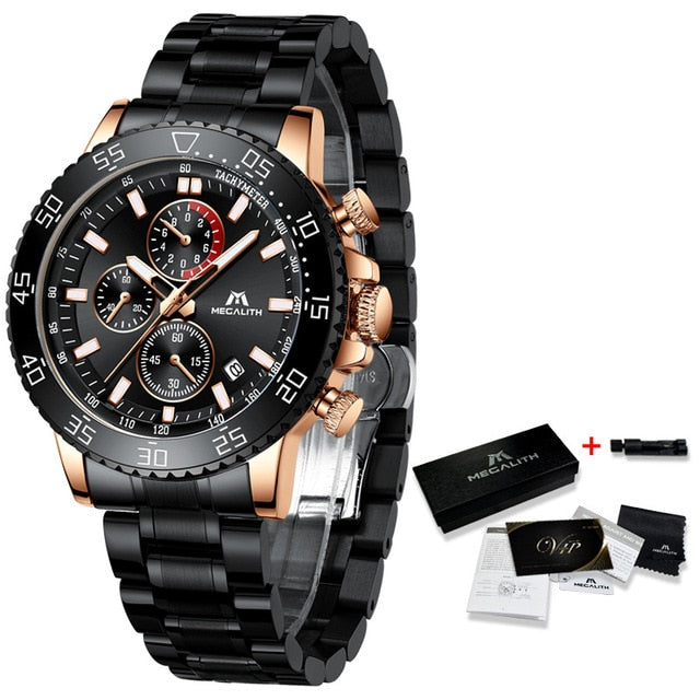 MEGALITH Military Watches Men Stainless Steel Band Waterproof Quartz Wristwatch Chronograph Clock