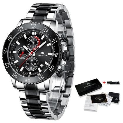 MEGALITH Military Watches Men Stainless Steel Band Waterproof Quartz Wristwatch Chronograph Clock
