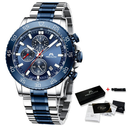 MEGALITH Military Watches Men Stainless Steel Band Waterproof Quartz Wristwatch Chronograph Clock