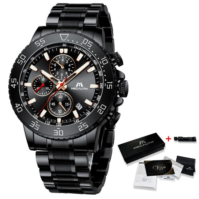 MEGALITH Military Watches Men Stainless Steel Band Waterproof Quartz Wristwatch Chronograph Clock
