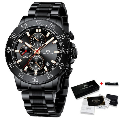 MEGALITH Military Watches Men Stainless Steel Band Waterproof Quartz Wristwatch Chronograph Clock
