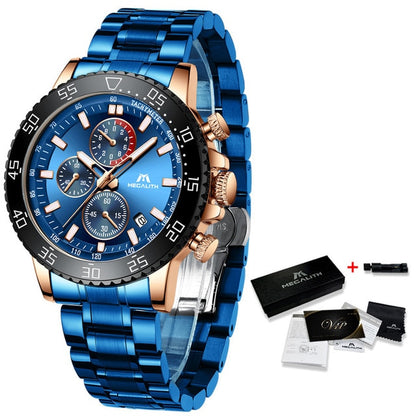 MEGALITH Military Watches Men Stainless Steel Band Waterproof Quartz Wristwatch Chronograph Clock
