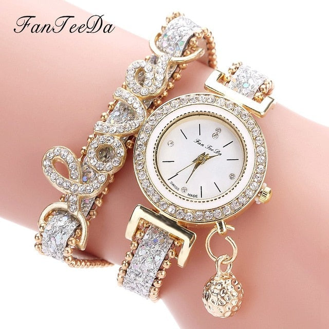 FanTeeDa Top Brand Women Bracelet Watches Ladies Love Leather Strap Rhinestone