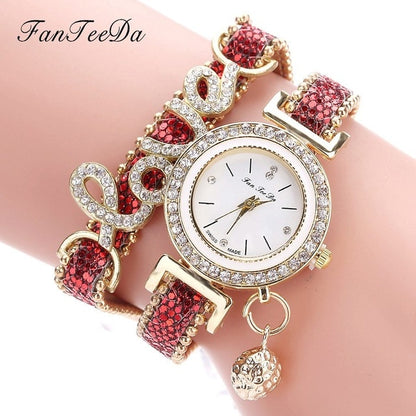 FanTeeDa Top Brand Women Bracelet Watches Ladies Love Leather Strap Rhinestone