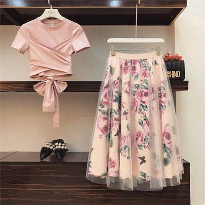 HIGH QUALITY Women Irregular T Shirt+Mesh Skirts Suits Bowknot Solid Tops