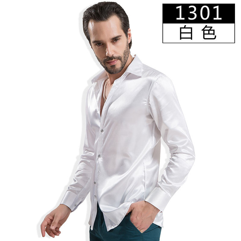 2016 Fashion Shiny Silky Satin Dress Shirt Luxury Silk Like Long Sleeve