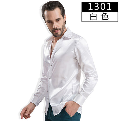 2016 Fashion Shiny Silky Satin Dress Shirt Luxury Silk Like Long Sleeve