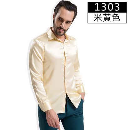 2016 Fashion Shiny Silky Satin Dress Shirt Luxury Silk Like Long Sleeve