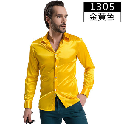 2016 Fashion Shiny Silky Satin Dress Shirt Luxury Silk Like Long Sleeve