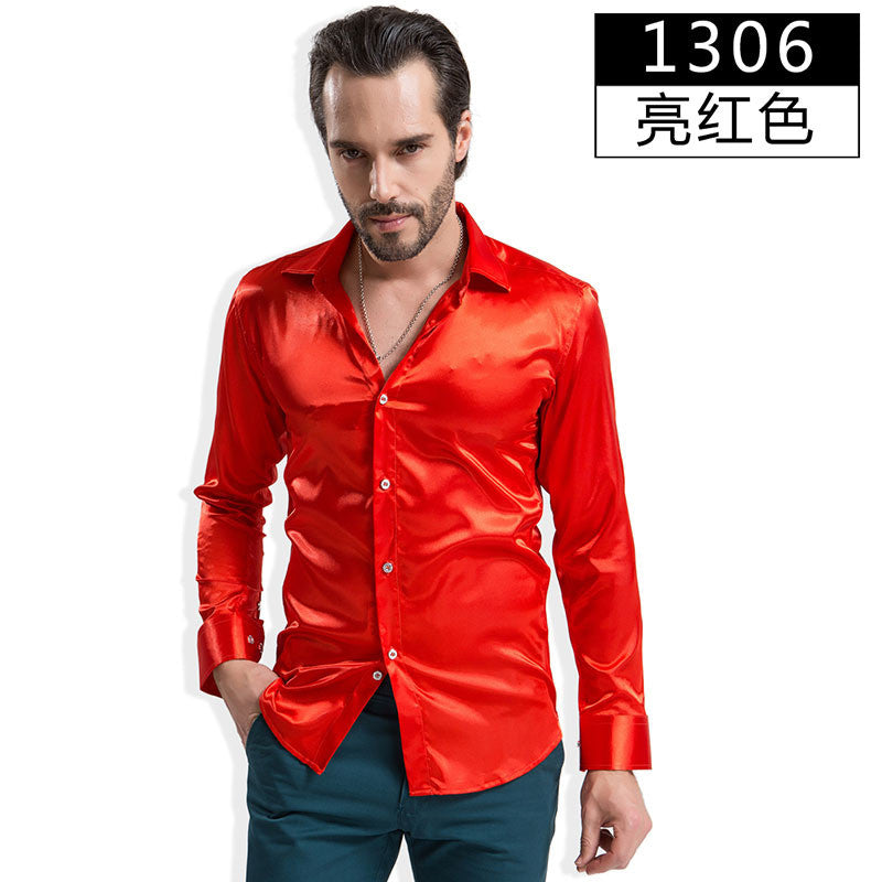 2016 Fashion Shiny Silky Satin Dress Shirt Luxury Silk Like Long Sleeve