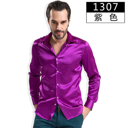 2016 Fashion Shiny Silky Satin Dress Shirt Luxury Silk Like Long Sleeve