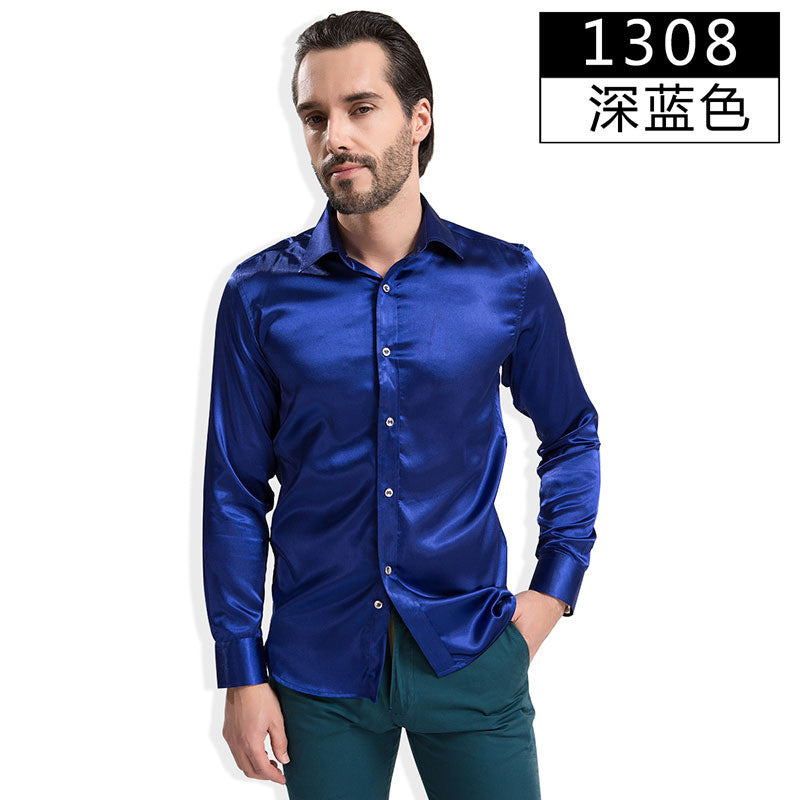 2016 Fashion Shiny Silky Satin Dress Shirt Luxury Silk Like Long Sleeve